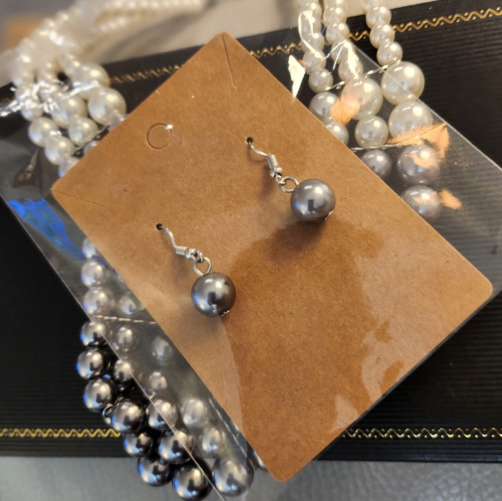 Triple Row Two Tone Pearl Necklace Earrings Set